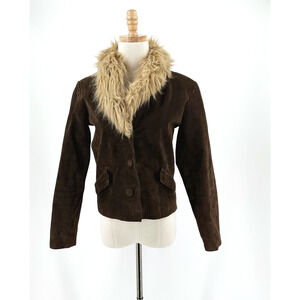 VTG XOXO Suede Leather Jacket Small Brown Faux Fur Trim Boho Penny Lane Shaggy